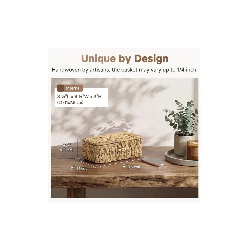 Extra Small Wicker Storage Basket with Lid Hyacinth Woven Shelf Organizer Basket